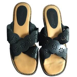Danexx Black Leather Cutout Flowers Flat Sandal Women Slide Slip On Open Toe 9.5